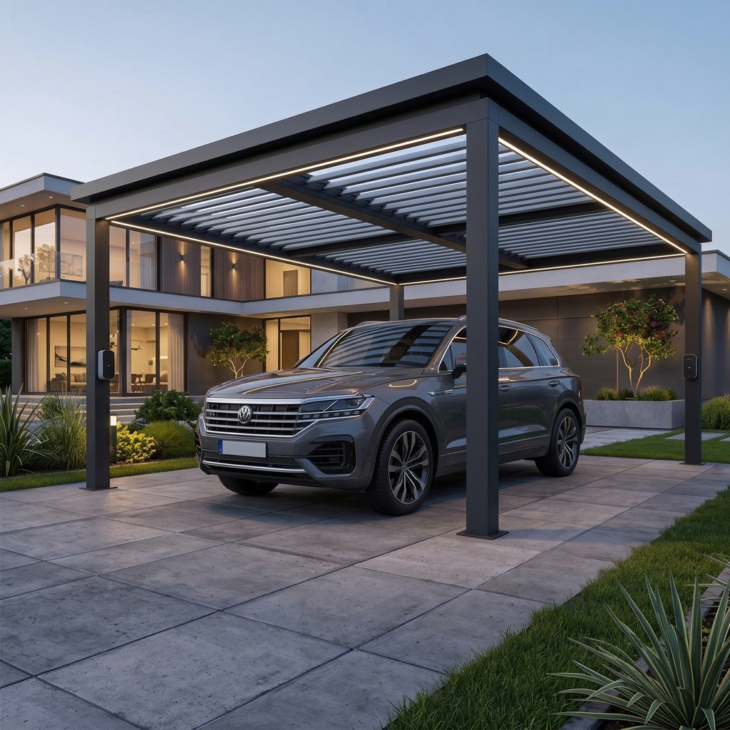 Moderner Carport aus Aluminium vor einem Wohnhaus