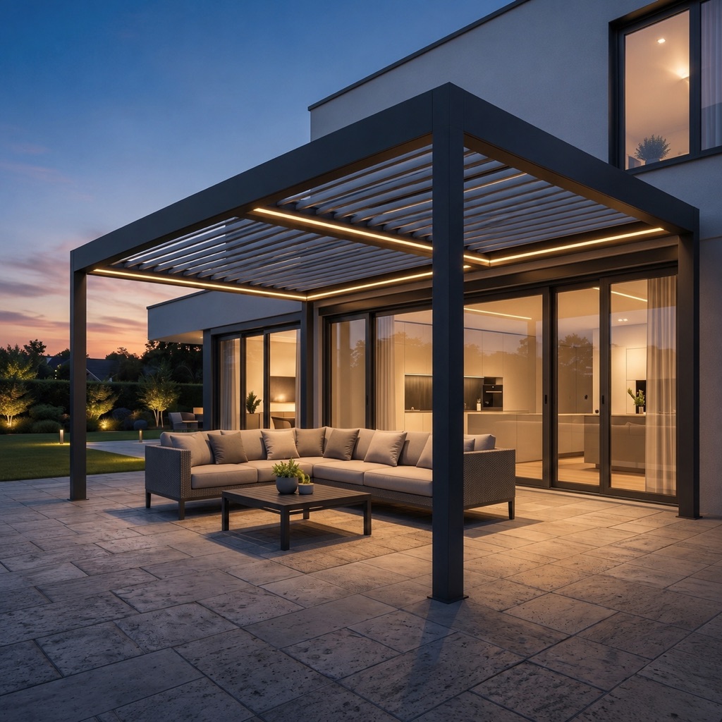Pergola mit verstellbarem Lamellendach im Garten