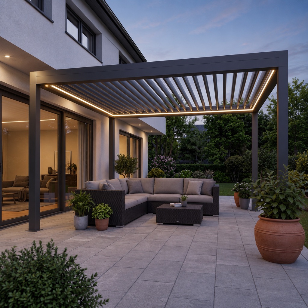 Moderne Terrassenüberdachung aus Aluminium mit Glasdach an einem Einfamilienhaus